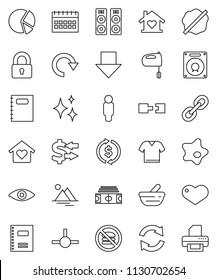 thin line vector icon set - shining vector, splotch, mixer, copybook, exchange, pie graph, man, arrow down, calendar, stadium, no fastfood, link, heart, eye, mortar, connect, refresh, redo, mountain