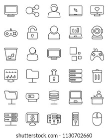 thin line vector icon set - trash bin vector, student, laptop graph, monitor dollar, heart, support, gamepad, notebook pc, diagnostic, network folder, server, big data, share, loading, user, unlock