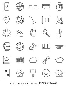 thin line vector icon set - vacuum cleaner vector, window cleaning, foam basin, plates, shining, woman, colander, cook timer, ladle, cookbook, jug, music, enegry drink, calendar, protected, internet