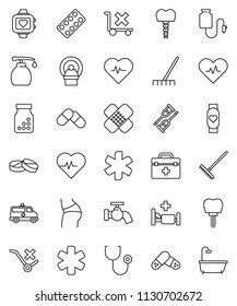 thin line vector icon set - rake vector, water tap, liquid soap, heart pulse, buttocks, monitor, no trolley, doctor bag, ambulance star, crutches, patch, stethoscope, pills, bottle, blister, bath
