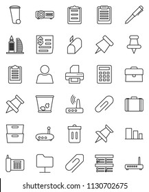 thin line vector icon set - trash bin vector, pen, clipboard, paper pin, archive, exam, case, phone, receipt, sorting, thumbtack, network folder, router, attachment, user, office building, mailbox