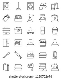 thin line vector icon set - plunger vector, water tap, vacuum cleaner, mop, bucket, sponge, car fetlock, washing powder, rubber glove, fridge, washer, dishwasher, mixer, coffee maker, hood, blender