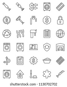 thin line vector icon set - scraper vector, toilet brush, washer, foam basin, shining window, blender, exchange, dollar growth, medal, route, internet, ambulance star, pills blister, chromosomes