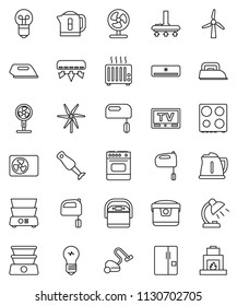 thin line vector icon set - vacuum cleaner vector, kettle, mixer, oven, double boiler, blender, table lamp, tv, windmill, air conditioner, ari condition, fridge, iron, multi cooker, fan, heater