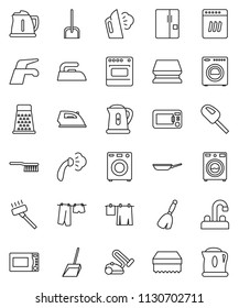 thin line vector icon set - broom vector, water tap, vacuum cleaner, fetlock, scoop, sponge, iron, steaming, drying clothes, washer, pan, kettle, grater, microwave oven, fridge, dishwasher