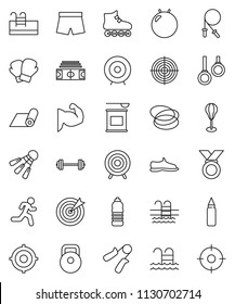 thin line vector icon set - target vector, barbell, stadium, weight, jump rope, hand trainer, punching bag, fitball, muscule, snickers, boxing glove, shorts, roller Skates, medal, sports nutrition