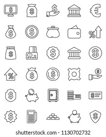 thin line vector icon set - school building vector, bank, dollar coin, credit card, percent growth, money bag, piggy, investment, medal, shield, safe, monitor, any currency, euro sign, gold ingot