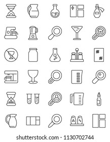 thin line vector icon set - window cleaning vector, measuring cup, spices, jug, jar, oil, magnifier, flask, no alcohol sign, glass, vial, sand clock, potion, search estate, client, coffee maker