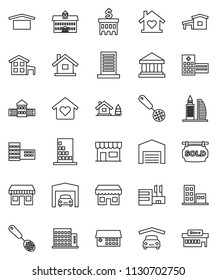 thin line vector icon set - skimmer vector, university, school building, bank, office, dry cargo, hospital, house, cottage, chalet, garage, barn, sold signboard, apartments, love home, store, mall