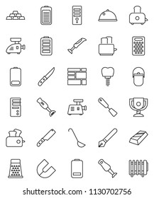 thin line vector icon set - camping cauldron vector, spatula, ladle, knife, grater, toaster, blender, dish, pen, award cup, magnet, gold ingot, consolidated cargo, battery, tooth implant, computer