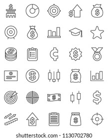 thin line vector icon set - graduate hat vector, clipboard, certificate, graph, pie, japanese candle, money bag, dollar growth, bank building, target, medal, cent sign, stairways run, favorites