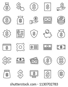 thin line vector icon set - exchange vector, dollar coin, cash, money bag, piggy bank, investment, receipt, medal, shield, calendar, monitor, cursor, any currency, sign