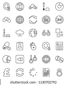 thin line vector icon set - toilet brush vector, glasses, world, personal information, pie graph, pound, pills, no fastfood, gymnast rings, oxygen, music hit, backward button, cloud network, refresh