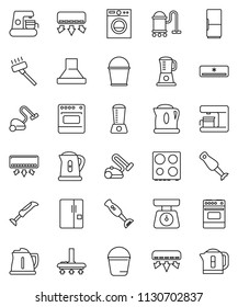 thin line vector icon set - vacuum cleaner vector, bucket, kettle, scales, oven, blender, air conditioner, fridge, washer, coffee maker, hood