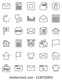 thin line vector icon set - calculator vector, flag, arrow up, dollar, document, equalizer, mail, stop button, browser, home, loading, house, buy, clothes