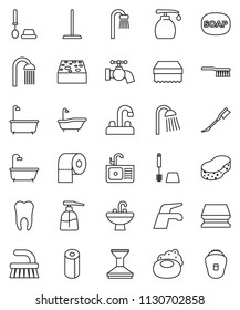 thin line vector icon set - soap vector, water tap, fetlock, mop, sponge, car, bath, toilet brush, liquid, paper, shower, sink, tooth, epilator
