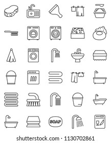 thin line vector icon set - soap vector, scraper, fetlock, bucket, sponge, towel, bath, drying clothes, washer, washing powder, shower, sink, dishwasher