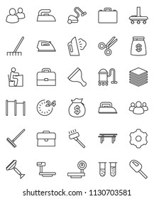 thin line vector icon set - scraper vector, vacuum cleaner, rake, iron, steaming, student, case, money bag, horizontal bar, big scales, group, vial, scissors, data, gear, 24 hour