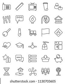 thin line vector icon set - trash bin vector, liquid soap, shining window, house hold, graduate hat, ruler, molecule, flag, university, piggy bank, man, tie, phone, cargo, flammable, dialog, connect