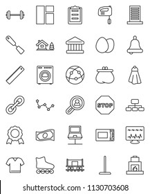 thin line vector icon set - mop vector, towel, spatula, microwave oven, egg, ruler, bell, medal, constellation, bank, cash, hierarchy, barbell, roller Skates, Railway carriage, clipboard, internet