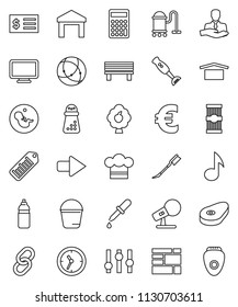 Thin Line Vector Icon Set - Vacuum Cleaner Vector, Bucket, Car Fetlock, Cook Hat, Hand Mill, Blender, Pasta, Steak, Music, Calculator, Receipt, Euro Sign, Water Bottle, Client, Clock, Dry, Warehouse