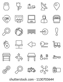 thin line vector icon set - route vector, attention, phone 24, ship, port, cargo, tulip, weight, barcode, satellite antenna, music hit, notebook pc, social media, link, magnifier, insemination, pin