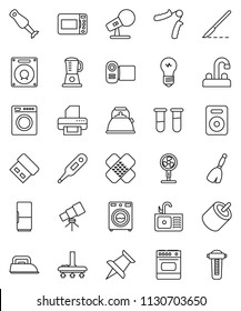 thin line vector icon set - broom vector, vacuum cleaner, washer, sink, water tap, kettle, blender, telescope, hand trainer, microphone, speaker, thumbtack, rca, thermometer, vial, scalpel, patch