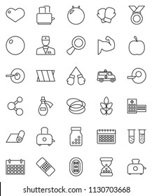 thin line vector icon set - toaster vector, diet, fitball, muscule hand, boxing glove, medal, molecule, calendar, fitness mat, cereals, hoop, stadium, heart, doctor, vial, magnifier, insemination