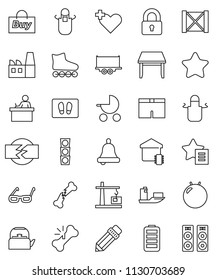 thin line vector icon set - welcome mat vector, kettle, apron, pencil, glasses, student, bell, fitball, shorts, roller Skates, traffic light, ship, truck trailer, wood box, battery, heart cross, buy