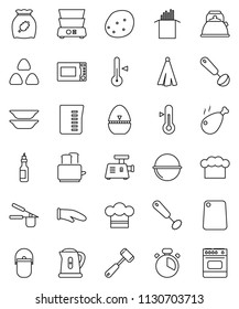 thin line vector icon set - camping cauldron vector, kettle, measuring cup, cook hat, glove, towel, timer, press, whisk, ladle, meat hammer, cutting board, toaster, microwave oven, double boiler