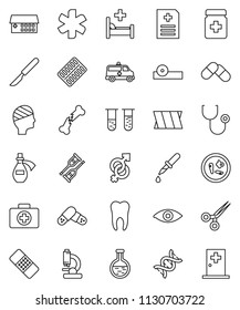 thin line vector icon set - first aid kit vector, ambulance star, flask, vial, eye, gender sign, dna, dropper, crutches, scissors, scalpel, broken bone, patch, stethoscope, pills, bottle, blister
