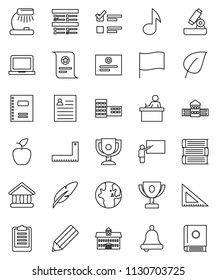 thin line vector icon set - book vector, copybook, pen, university, pencil, school building, blackboard, corner ruler, student, apple fruit, microscope, bell, table lamp, notebook pc, award cup
