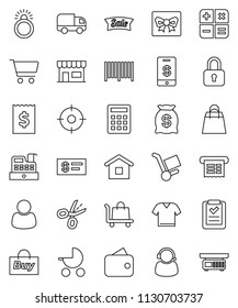 thin line vector icon set - cart vector, receipt, gift, wallet, money bag, sale, shopping, store, customer, support, target, buy, barcode, cashbox, home, list, calculator, trolley, delivery, lock