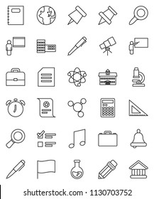 thin line vector icon set - copybook vector, university, pencil, school building, blackboard, corner ruler, case, atom, pen, telescope, microscope, bell, calculator, alarm clock, paper pin, music