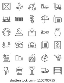 thin line vector icon set - route vector, signpost, navigator, earth, map pin, Railway carriage, satellite, phone, ship, sea container, delivery, receipt, port, wood box, document, glass, cargo