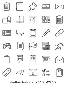 thin line vector icon set - toilet paper vector, book, copybook, pen, clipboard, pin, constellation, exam, cash, receipt, binder, dollar calendar, fitness mat, money, document, newspaper, thumbtack