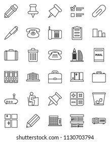 thin line vector icon set - trash bin vector, shining window, pencil, student, case, pen, paper pin, exam, binder, clipboard, sorting, classic phone, thumbtack, router, attachment, mailbox