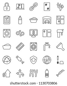 thin line vector icon set - scraper vector, window cleaning, toilet brush, washer, foam basin, shining, blender, dollar growth, monitor, water bottle, route, internet, gender sign, pills blister