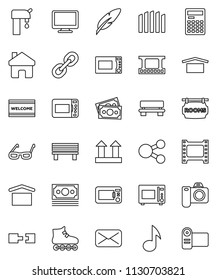 thin line vector icon set - welcome mat vector, microwave oven, pen, glasses, calculator, music, roller Skates, money, dry cargo, top sign, film frame, monitor, link, mail, share, home, bench, fence
