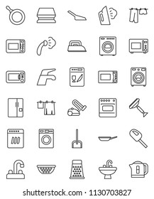 thin line vector icon set - scraper vector, water tap, scoop, sponge, steaming, drying clothes, washer, sink, pan, colander, grater, microwave oven, fridge, iron, dishwasher, vacuum cleaner, kettle