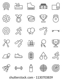 thin line vector icon set - award cup vector, target, barbell, stadium, weight, jump rope, hand trainer, snickers, boxing glove, roller Skates, skateboard, medal, water bottle, fitness mat, pool