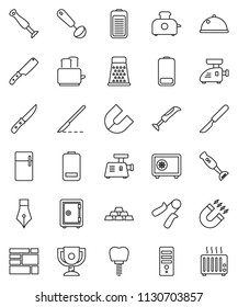 thin line vector icon set - ladle vector, knife, grater, toaster, blender, dish, pen, award cup, magnet, safe, gold ingot, hand trainer, consolidated cargo, battery, scalpel, tooth implant, fridge