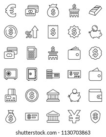 thin line vector icon set - school building vector, bank, dollar coin, gold ingot, credit card, wallet, percent growth, money bag, piggy, check, receipt, medal, safe, euro sign, yen, reader, shield