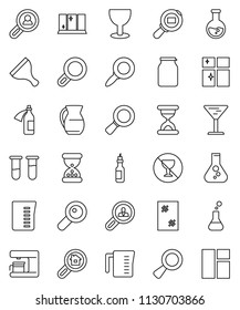 thin line vector icon set - scraper vector, window cleaning, shining, measuring cup, jug, jar, oil, magnifier, flask, no alcohol sign, glass, cargo search, vial, sand clock, potion, estate, client