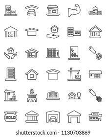 thin line vector icon set - house hold vector, skimmer, school building, university, bank, muscule hand, office, dry cargo, warehouse, hospital, chalet, garage, barn, sold signboard, apartments