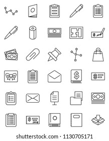 thin line vector icon set - toilet paper vector, copybook, pen, clipboard, pin, constellation, cash, check, annual report, money, mail, network document, attachment, plan, estate, gift, shopping bag