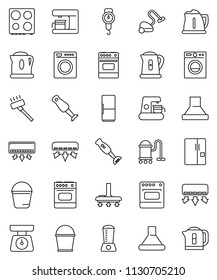 thin line vector icon set - vacuum cleaner vector, bucket, kettle, scales, oven, blender, air conditioner, fridge, washer, coffee maker, hood