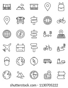 thin line vector icon set - camping cauldron vector, backpack, compass, school bus, world, bike, signpost, navigator, earth, map pin, Railway carriage, plane, ship, route, globe, mountain