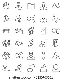 thin line vector icon set - student vector, manager, man, horizontal bar, stairways run, speaking, social media, group, doctor, gender sign, head bandage, medical room, share, login, consumer