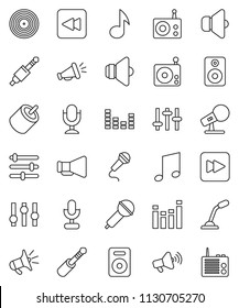 thin line vector icon set - music vector, disk, microphone, radio, speaker, loudspeaker, settings, equalizer, forward button, backward, rca, jack